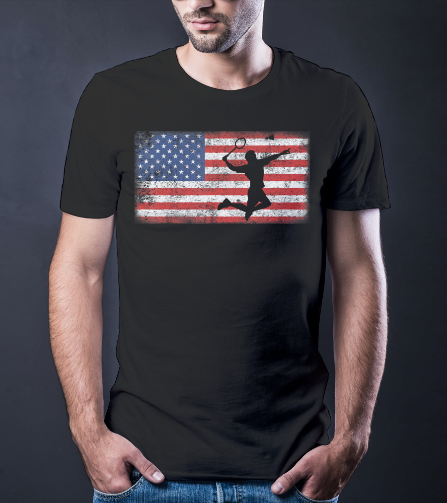 Vintage American Flag Badminton Player Silhouette Jumping Over T-Shirt