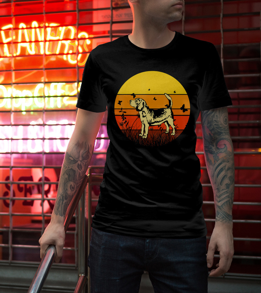 Vintage Beagle Sun With Butterflies And Grass T-Shirt