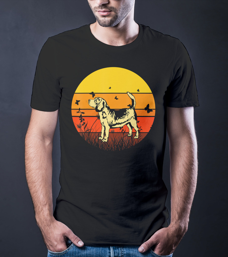 Vintage Beagle Sun With Butterflies And Grass T-Shirt