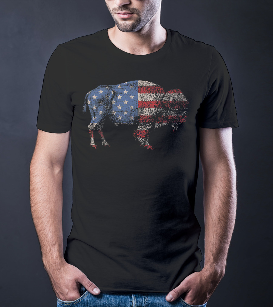 Vintage American Flag Bison Buffalo Patriotic T-Shirt