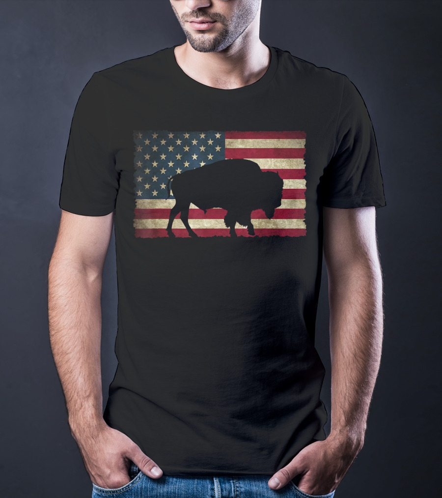 Vintage Buffalo Silhouette Over American Flag USA T-Shirt