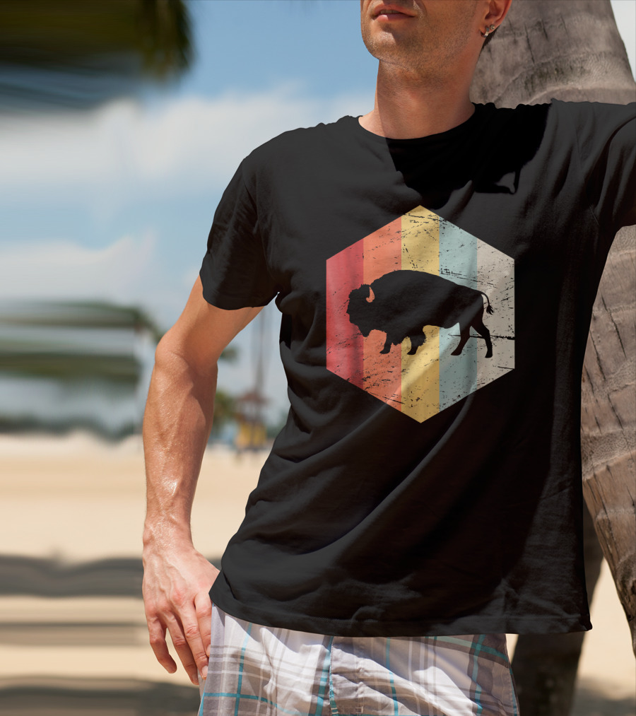 Vintage Buffalo Silhouette Retro Stripes Hexagon T-Shirt