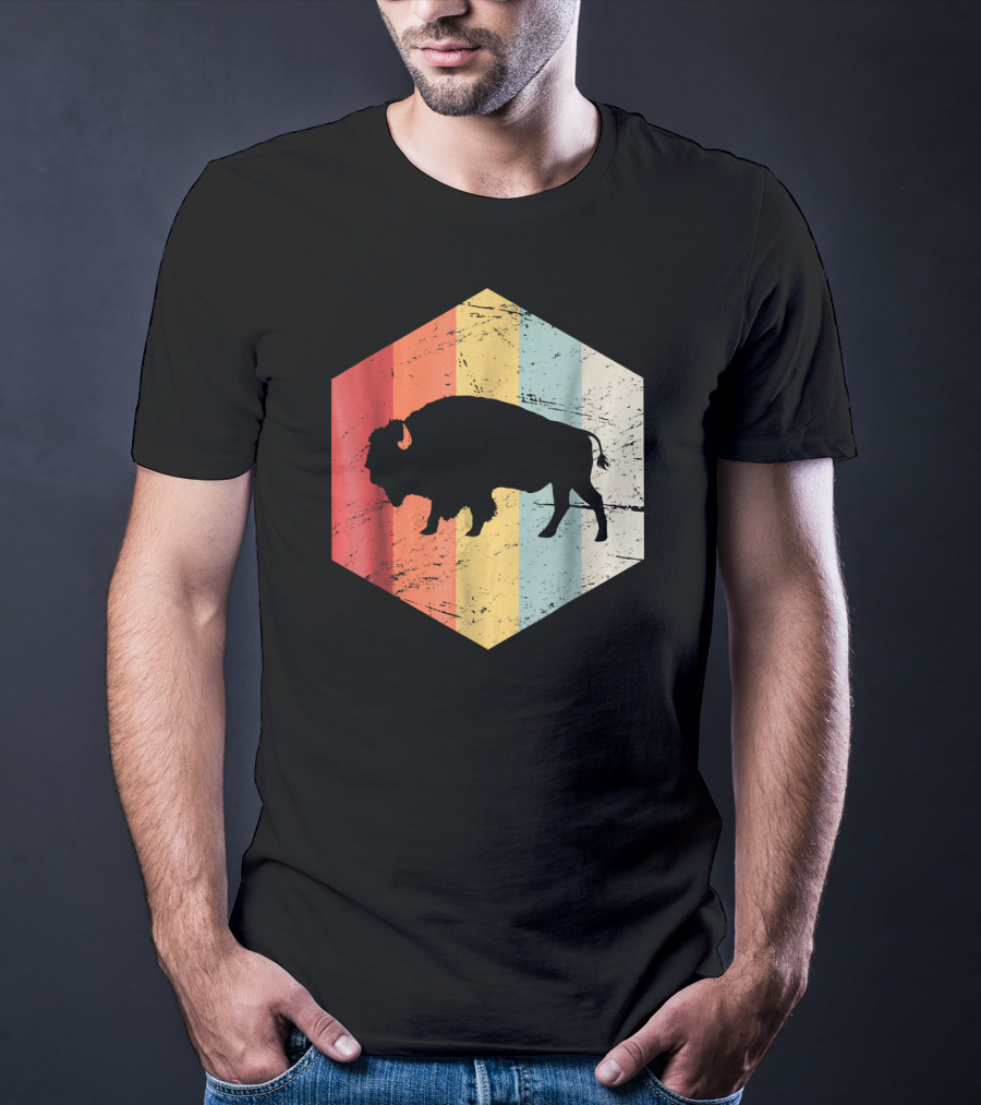 Vintage Buffalo Silhouette Retro Stripes Hexagon T-Shirt