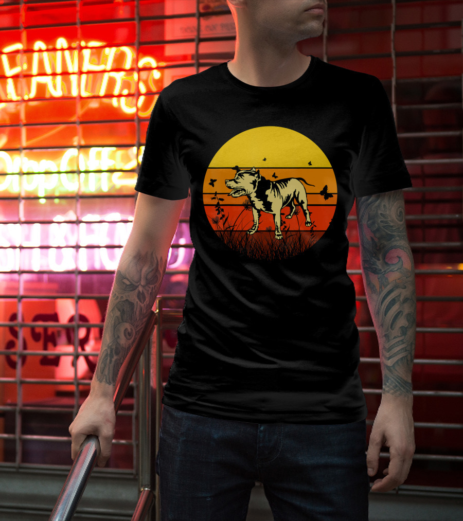 Vintage Pitbull Sun Animal With Butterflies And Birds T-Shirt
