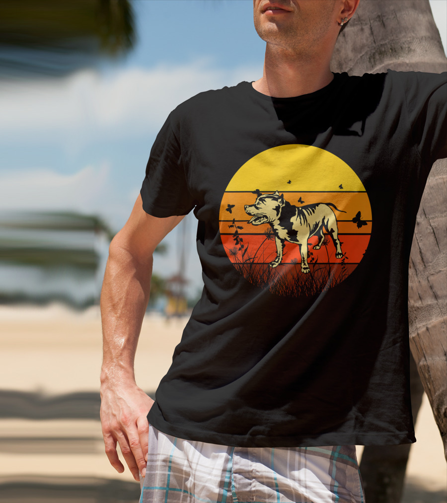 Vintage Pitbull Sun Animal With Butterflies And Birds T-Shirt
