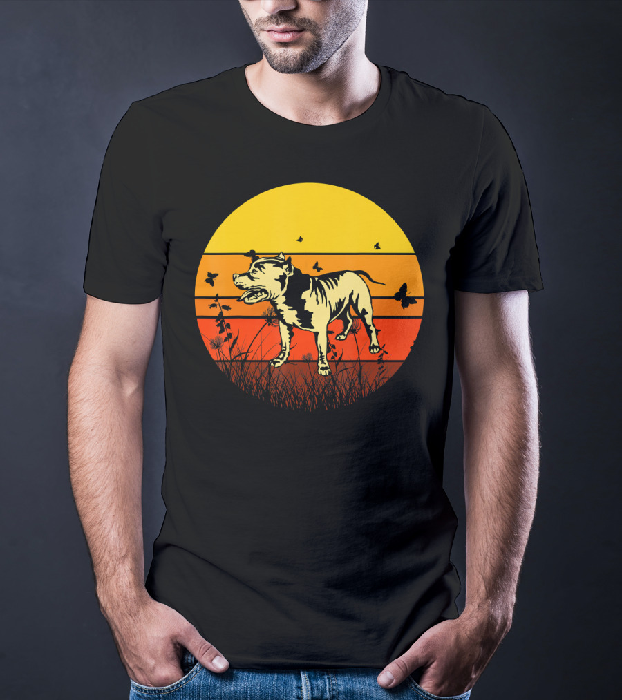 Vintage Pitbull Sun Animal With Butterflies And Birds T-Shirt