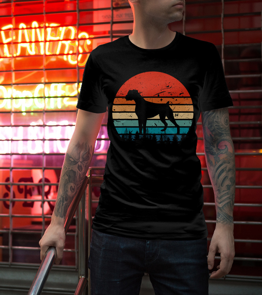 Vintage Boxer Dog Silhouette Retro Sunset Stripes Forest Scene T-Shirt