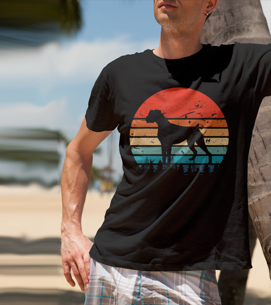 Vintage Boxer Dog Silhouette Retro Sunset Stripes Forest Scene T-Shirt