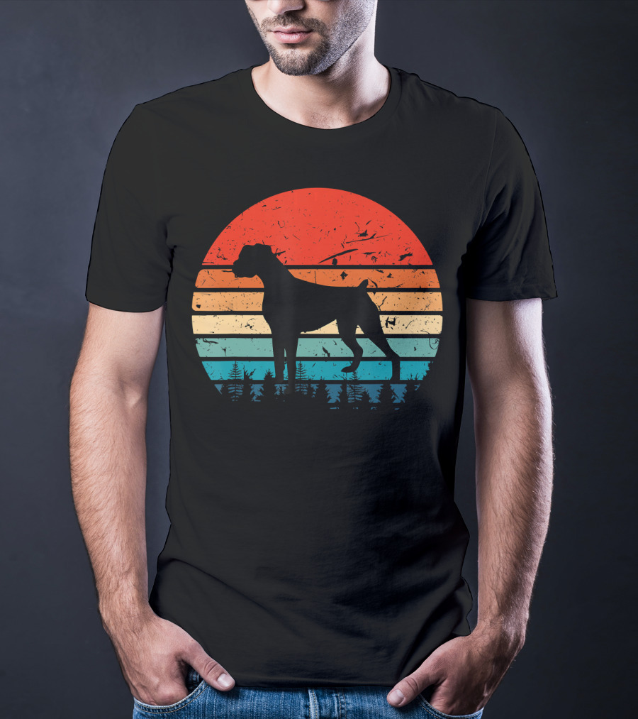 Vintage Boxer Dog Silhouette Retro Sunset Stripes Forest Scene T-Shirt