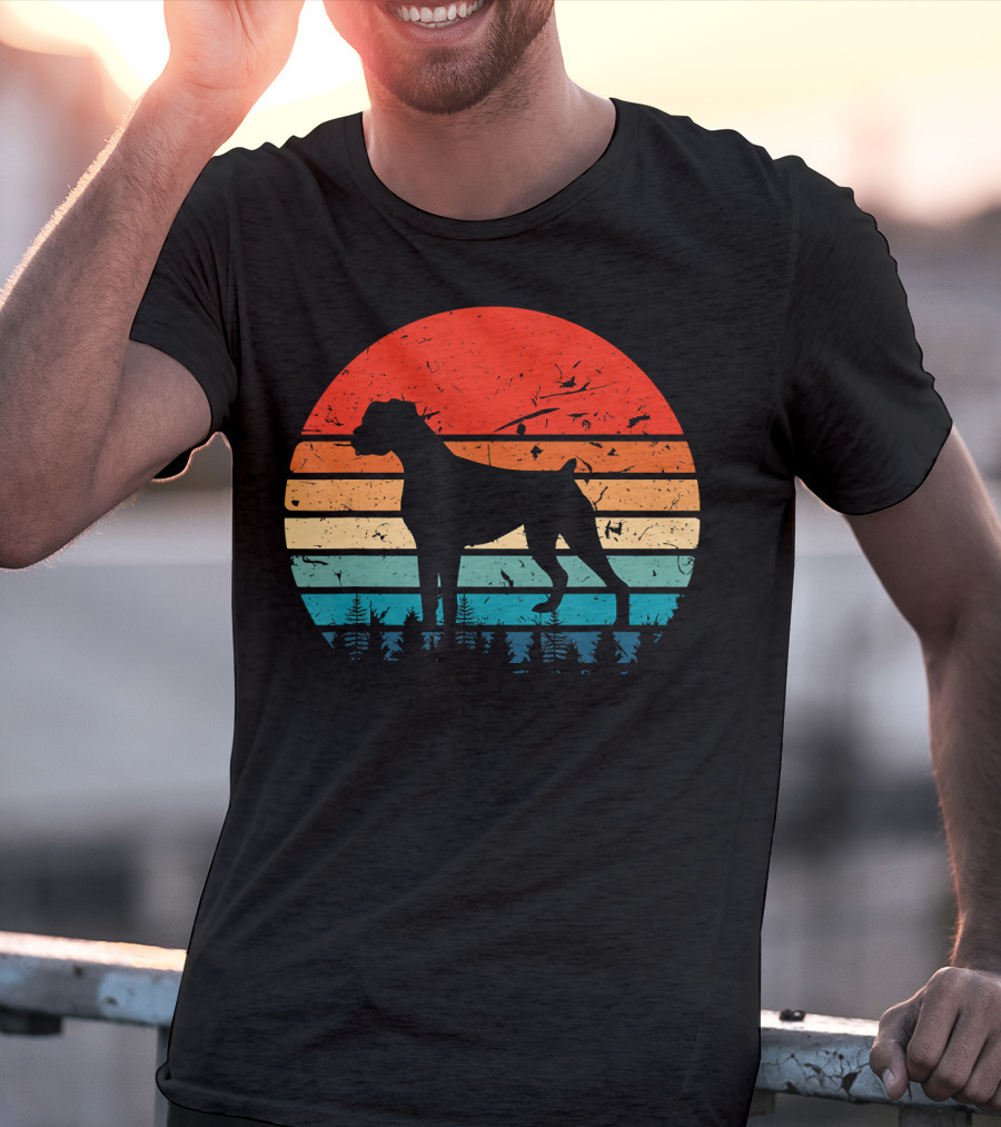 Vintage Boxer Dog Silhouette Retro Sunset Stripes Forest Scene T-Shirt