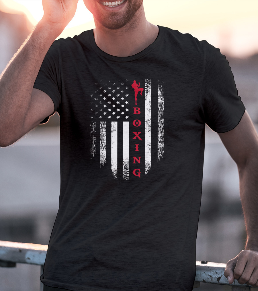 Vintage USA Flag Black And White With Red Boxing Kick Martial Arts T-Shirt