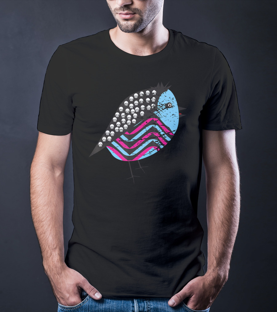 Weird Monster Tiny Bird With Skulls And Colorful Stripes T-Shirt