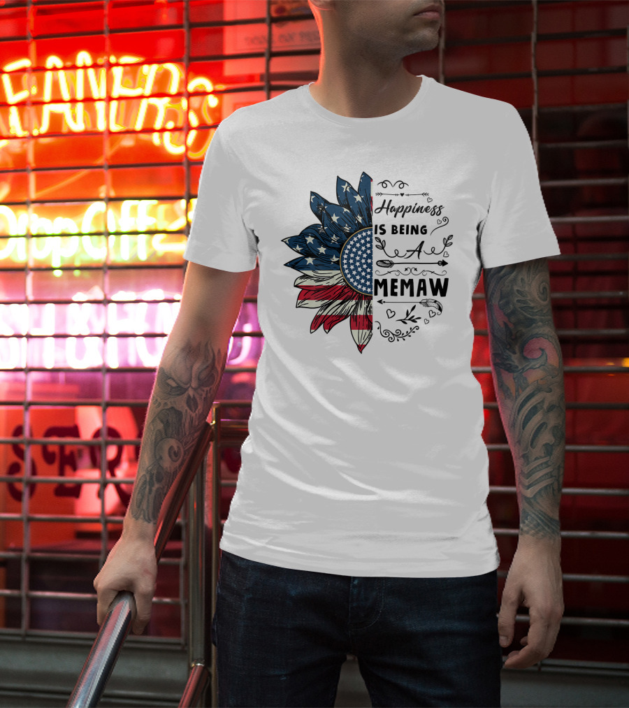 Happiness Is Being A Memaw Sunflower American Flag T-Shirt