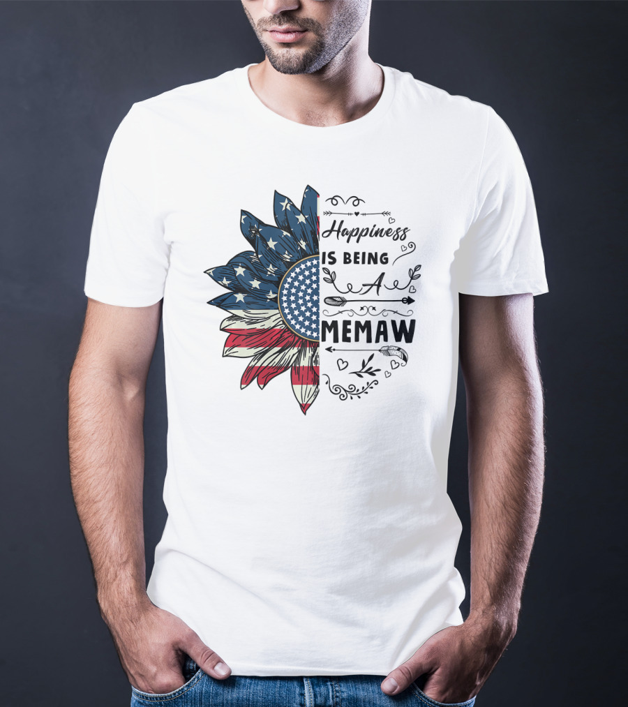 Happiness Is Being A Memaw Sunflower American Flag T-Shirt