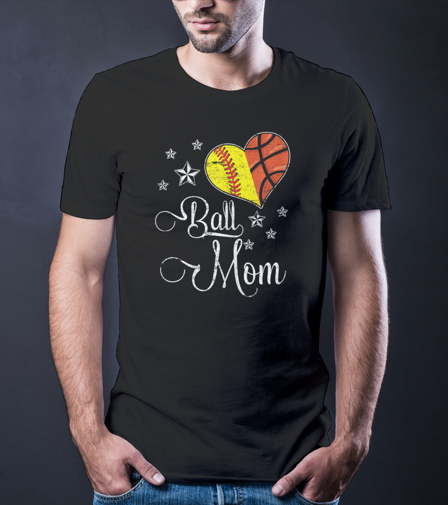 Proud Softball Basketball Ball Mom Star Heart T-Shirt