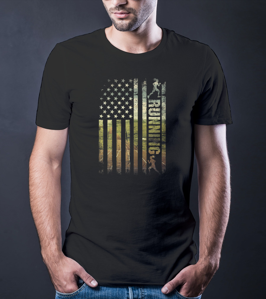 Running American Flag Patriotic Runner USA Track Stars T-Shirt