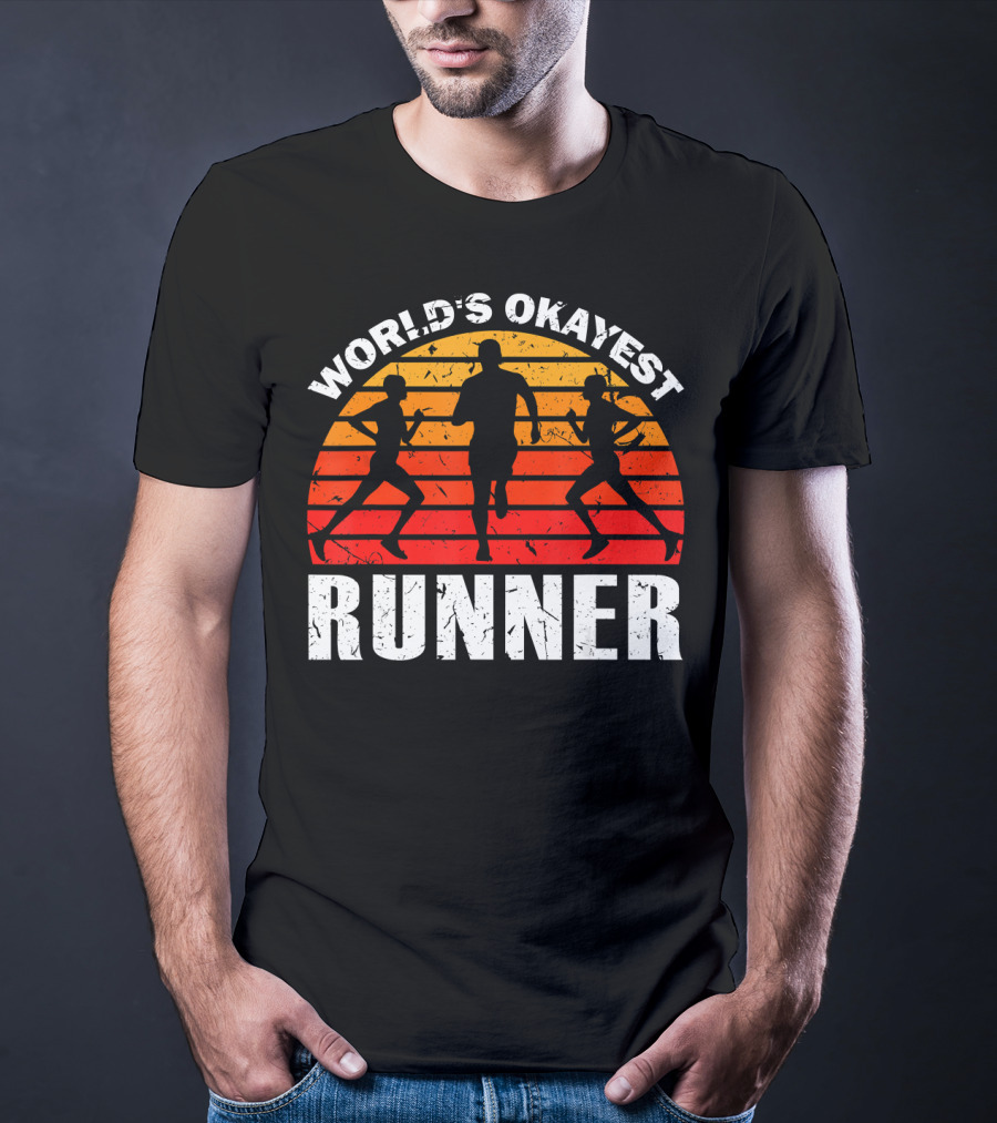 World's Okayest Runner Sunset Silhouette Sprinting Marathon T-Shirt