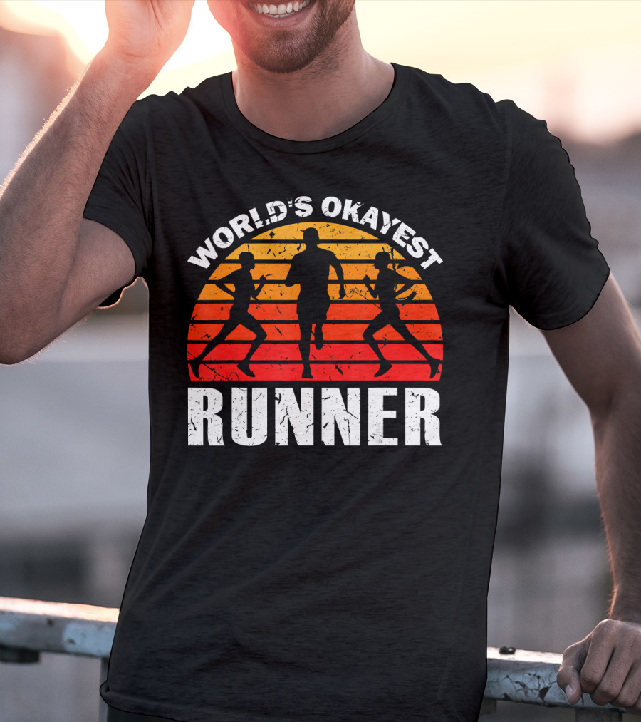 World's Okayest Runner Sunset Silhouette Sprinting Marathon T-Shirt