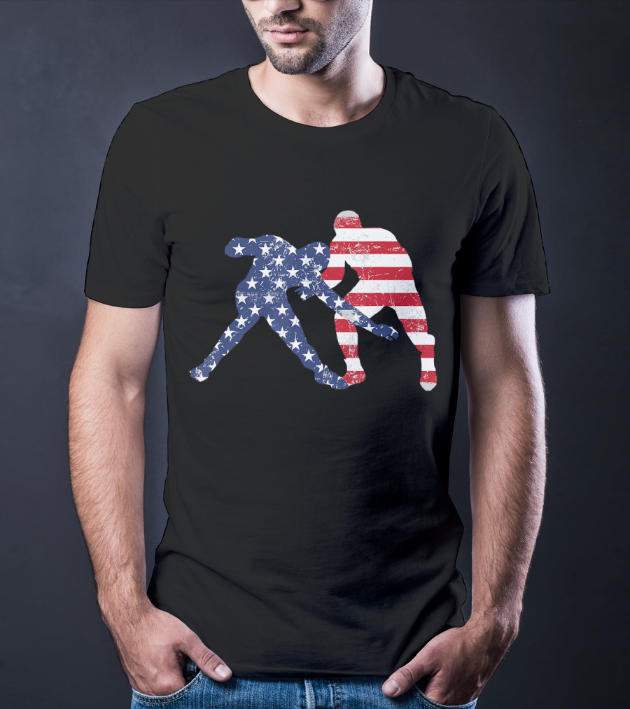 Wrestling Dual Silhouette With US Flag Stars And Stripes For Fourth Of July T-Shirt