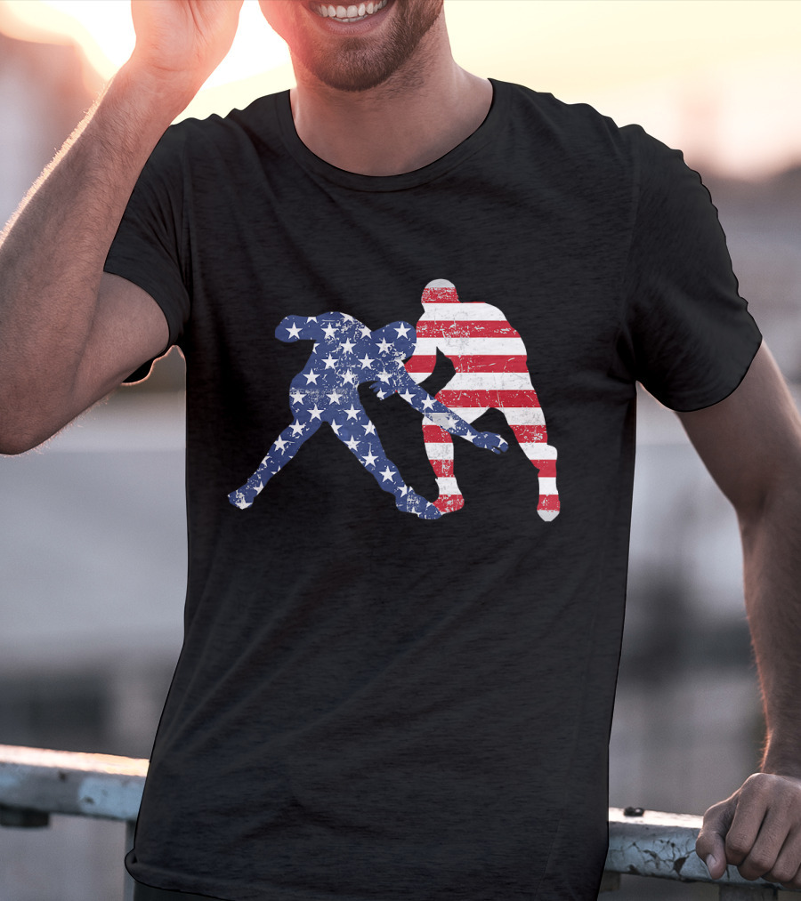 Wrestling Dual Silhouette With US Flag Stars And Stripes For Fourth Of July T-Shirt