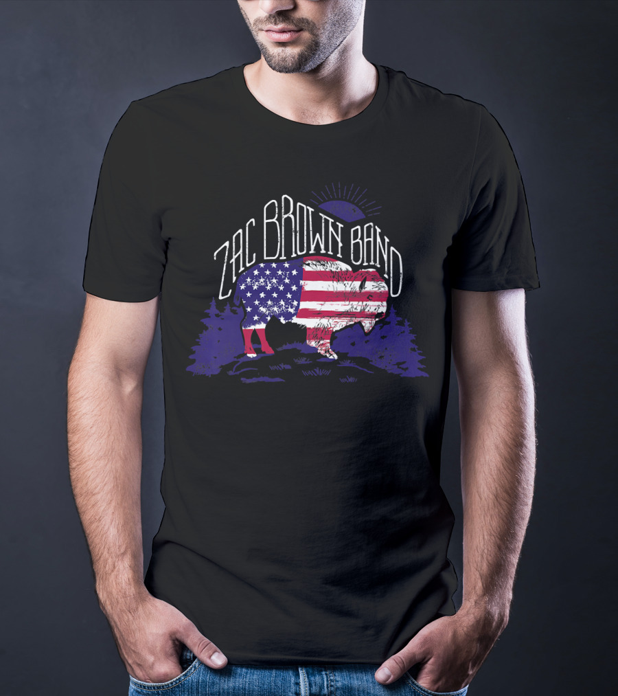 Zac Brown Band American Flag Buffalo With Night Sky And Forest T-Shirt
