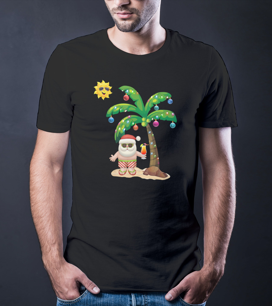 Summer Santa Claus Christmas Mele Tropical Palm Tree Festive Cocktail T-Shirt
