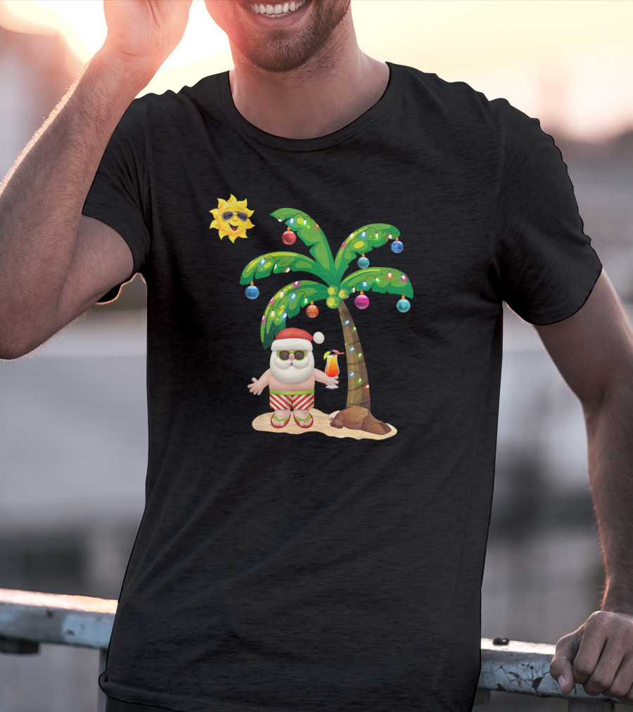 Summer Santa Claus Christmas Mele Tropical Palm Tree Festive Cocktail T-Shirt
