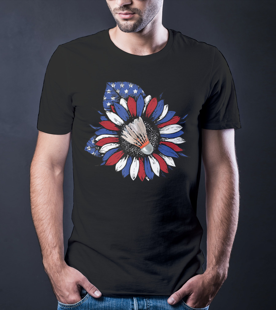 American Flag Sunflower With Badminton Birdie Center T-Shirt