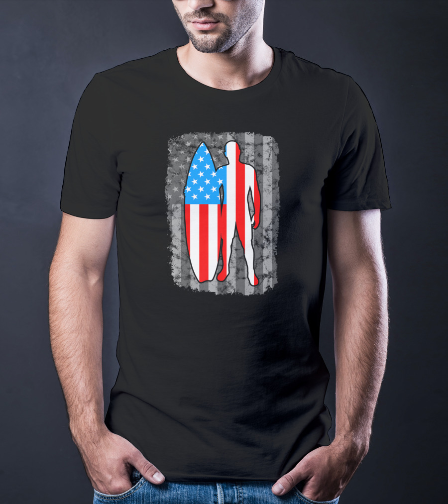 Vintage American Flag Surfing Silhouette United States T-Shirt