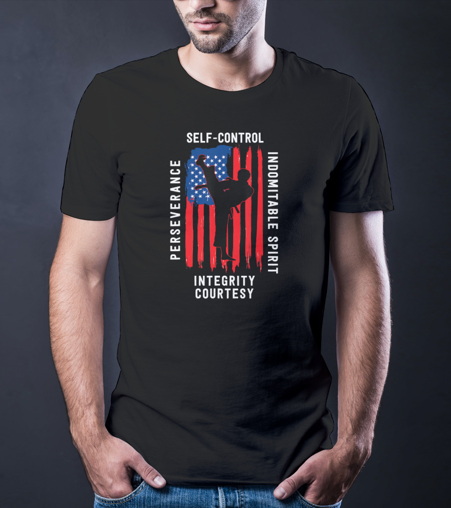 Taekwondo Five Tenets Perseverance Self-Control Indomitable Spirit Integrity Courtesy US Flag Martial Arts T-Shirt