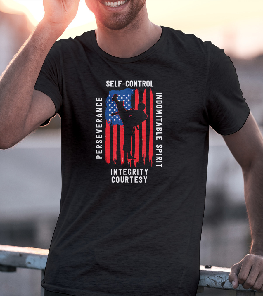 Taekwondo Five Tenets Perseverance Self-Control Indomitable Spirit Integrity Courtesy US Flag Martial Arts T-Shirt
