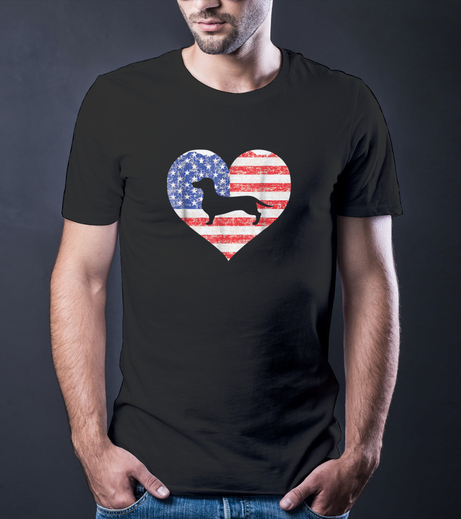 American Flag Heart With Dachshund Silhouette US Love T-Shirt