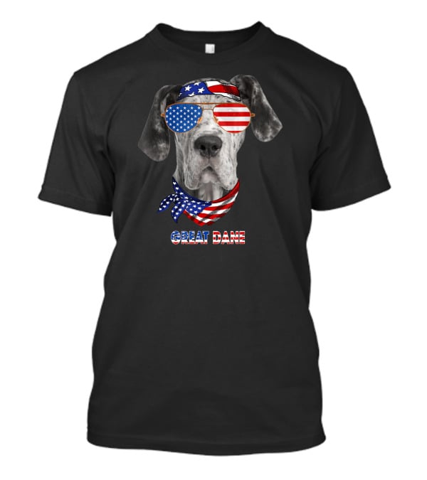 Great Dane Dog In American Flag Glasses And Bandana T-Shirt