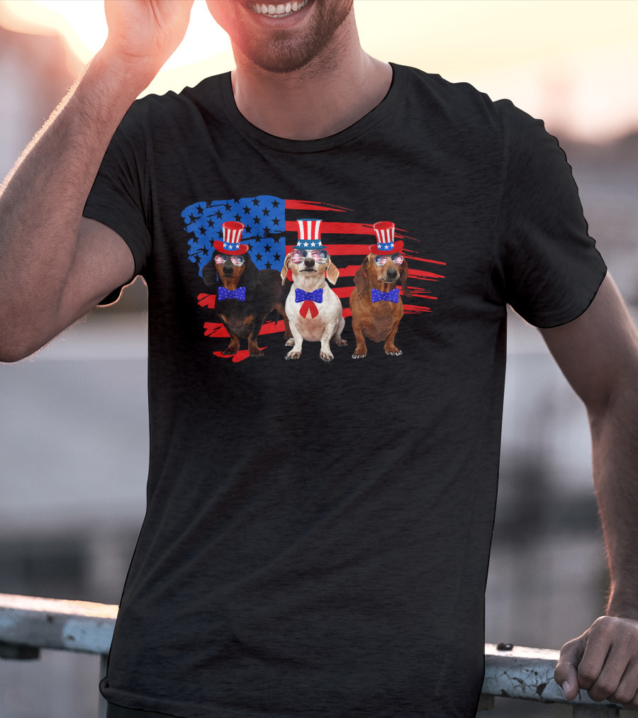 American Patriotic Dachshund Lover July Independence Day Trio T-Shirt