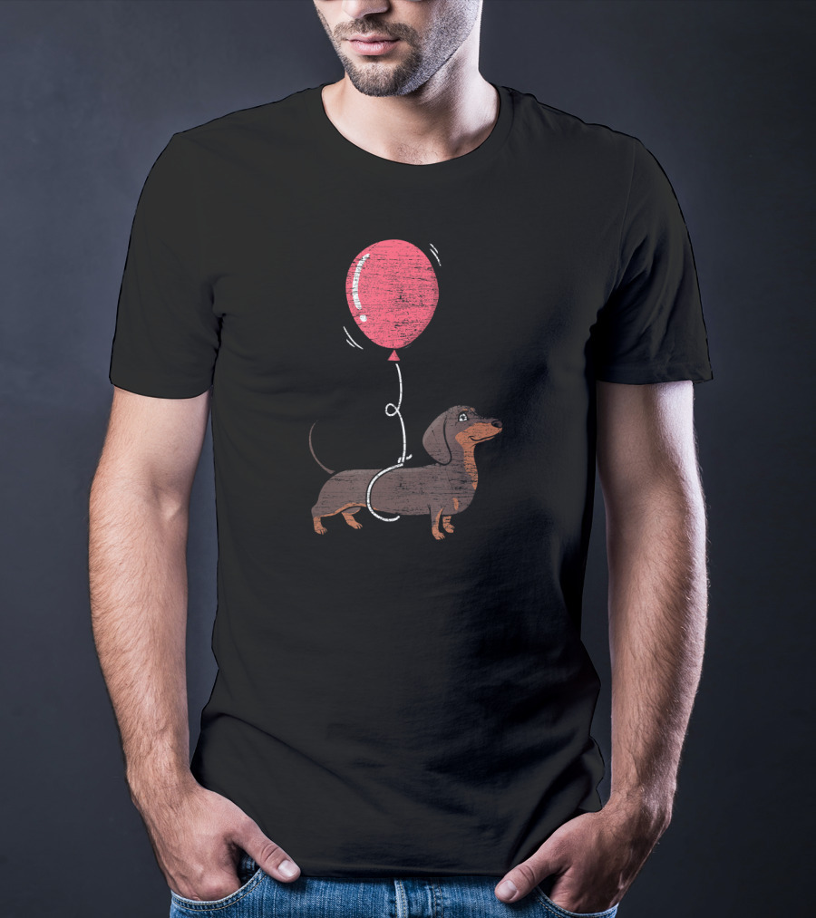 Balloon Dachshund Sketch With Red Balloon And Brown Dog Balloon Dachshund T-Shirt