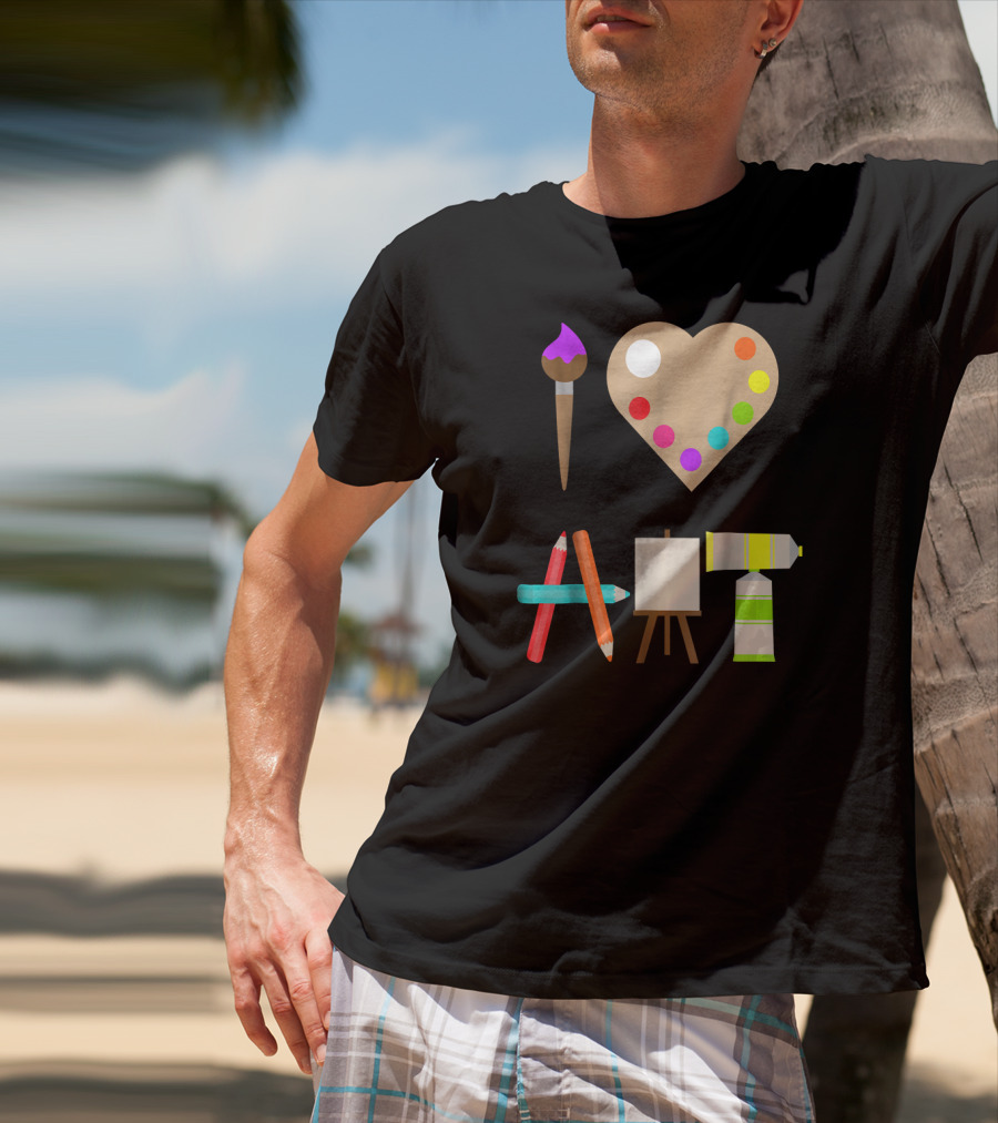 I Love Art Fun Colorful Future Artist Heart Palette Paintbrush Pencils Easel Tube T-Shirt