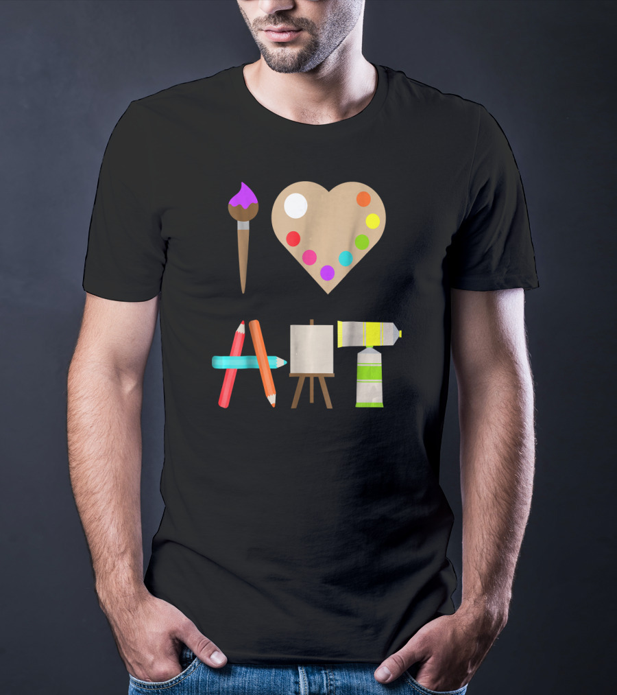 I Love Art Fun Colorful Future Artist Heart Palette Paintbrush Pencils Easel Tube T-Shirt