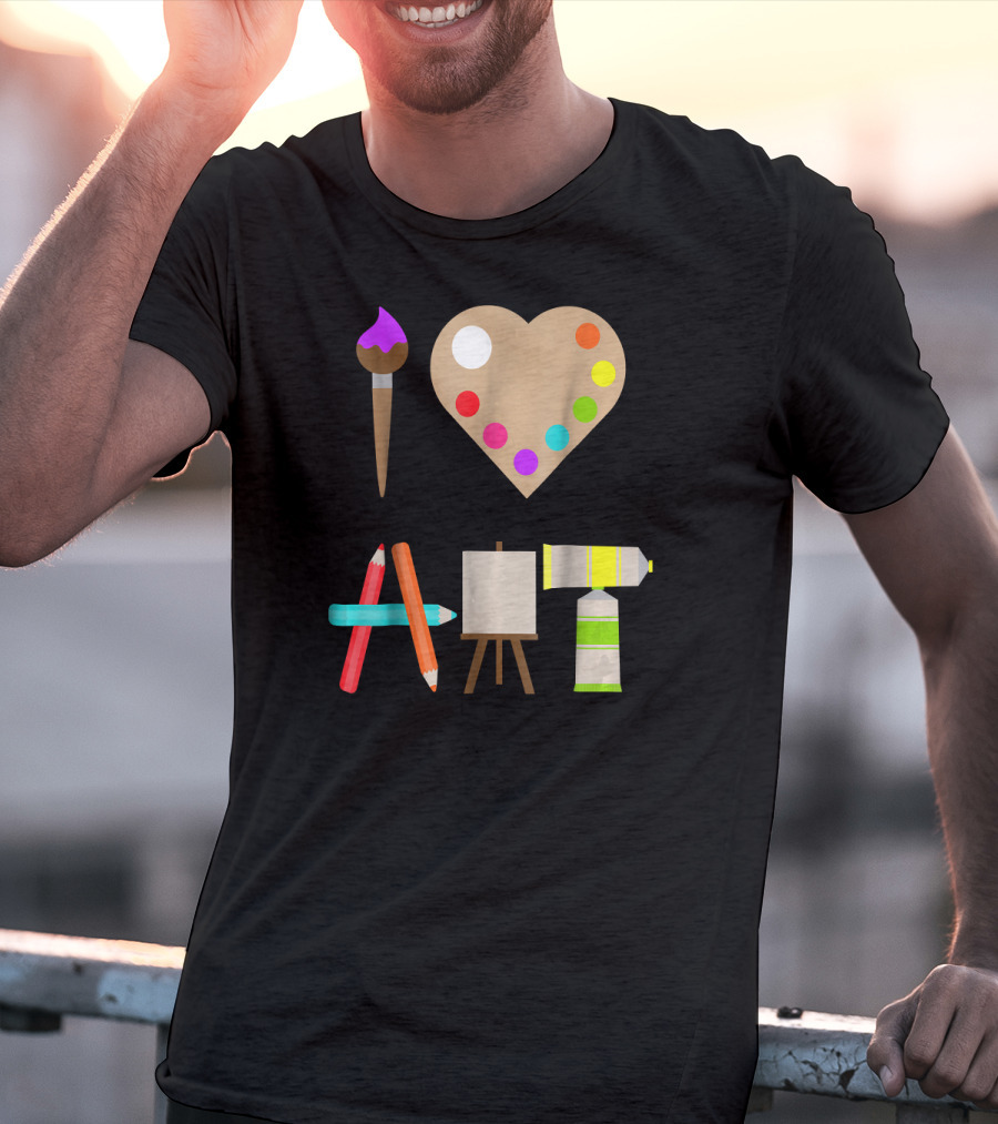 I Love Art Fun Colorful Future Artist Heart Palette Paintbrush Pencils Easel Tube T-Shirt