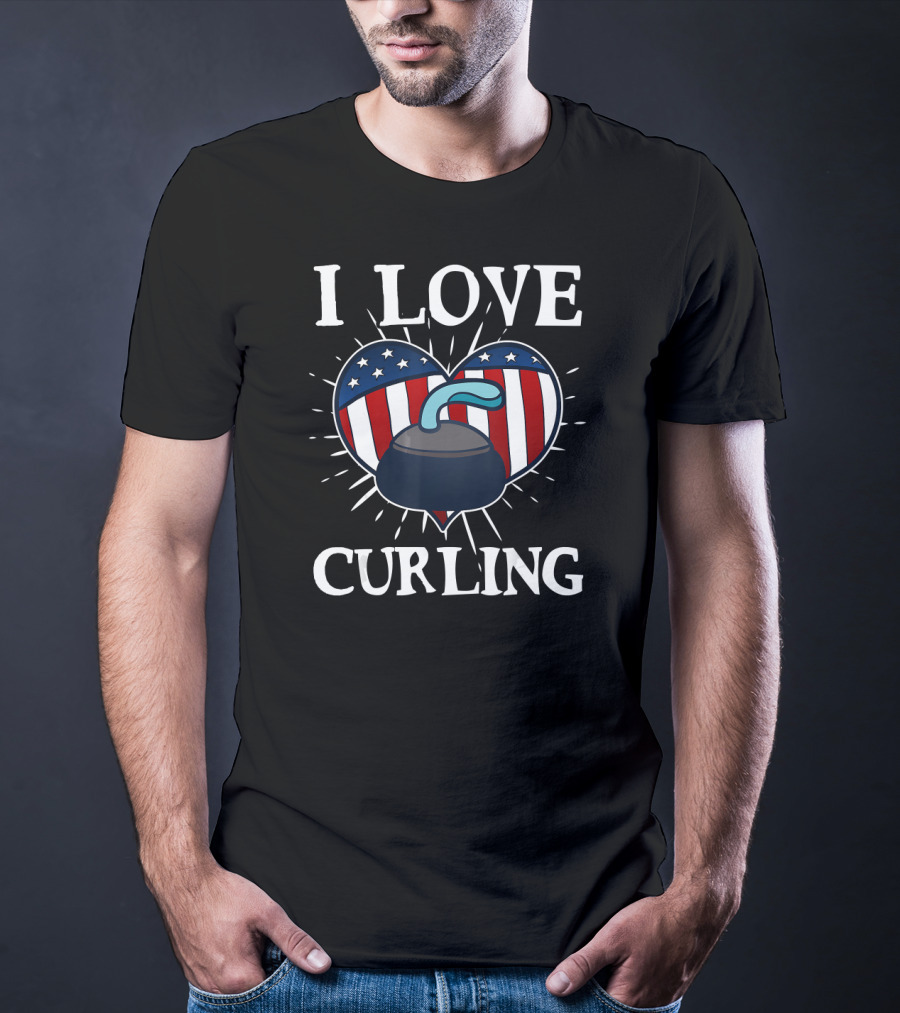 I Love Curling Funny Awesome Ice Sport Love USA Flag Heart T-Shirt