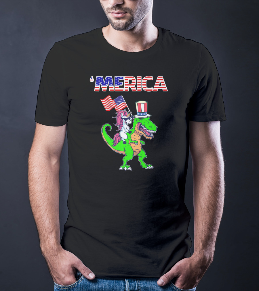 'Merica Dinosaur Unicorn Flags Top Hat T-Shirt