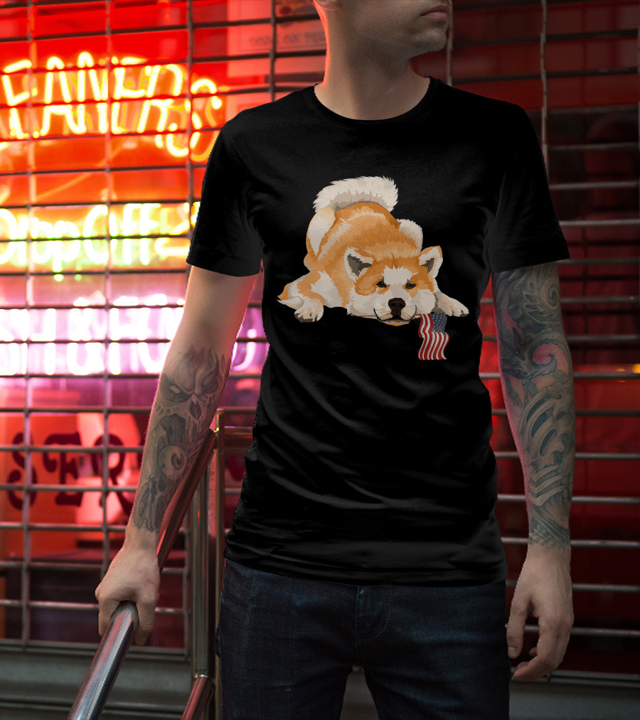 Akita Dog Lover With American Flag Motif T-Shirt