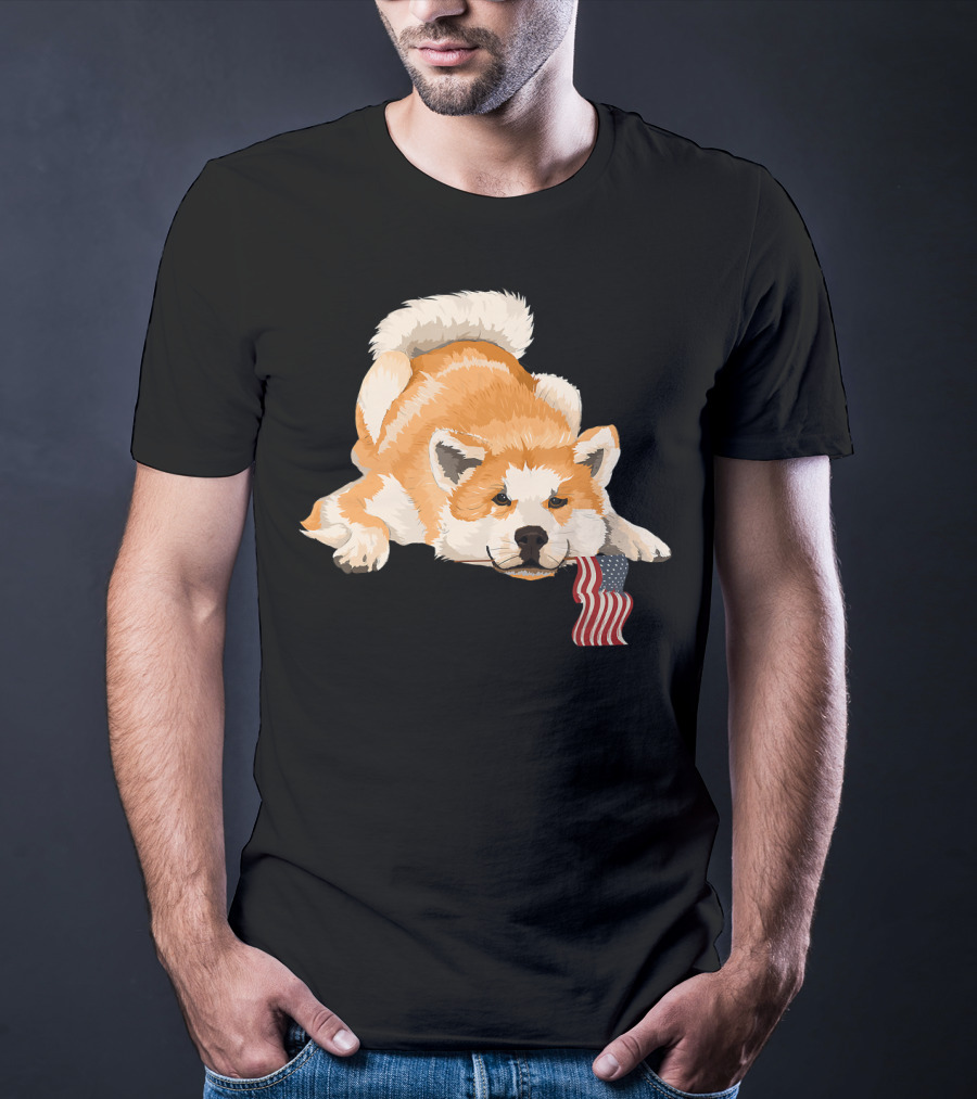 Akita Dog Lover With American Flag Motif T-Shirt