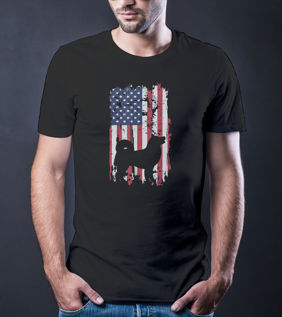 Akita Inu Silhouette Over Grunge American Flag T-Shirt