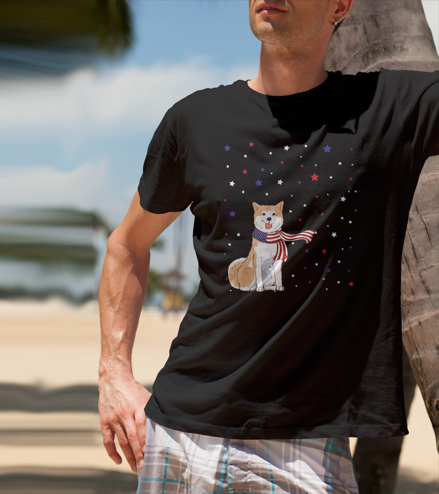 Akita Inu Patriotic American Flag Scarf Stars T-Shirt