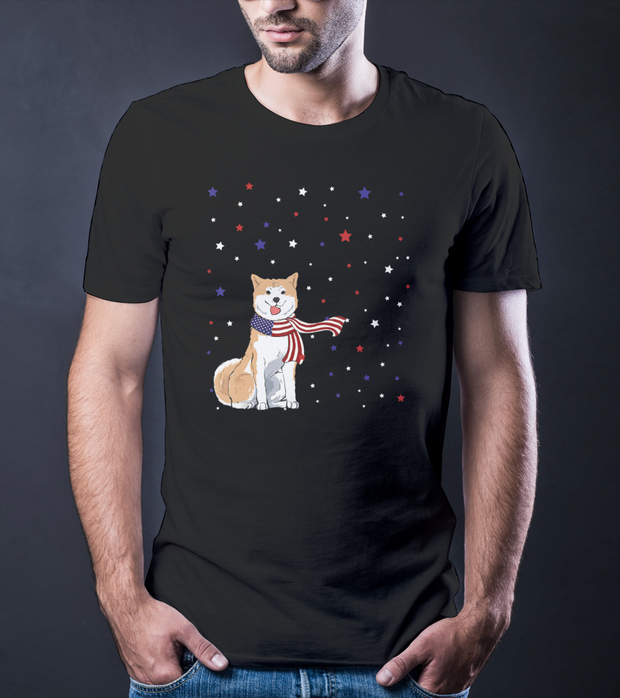Akita Inu Patriotic American Flag Scarf Stars T-Shirt