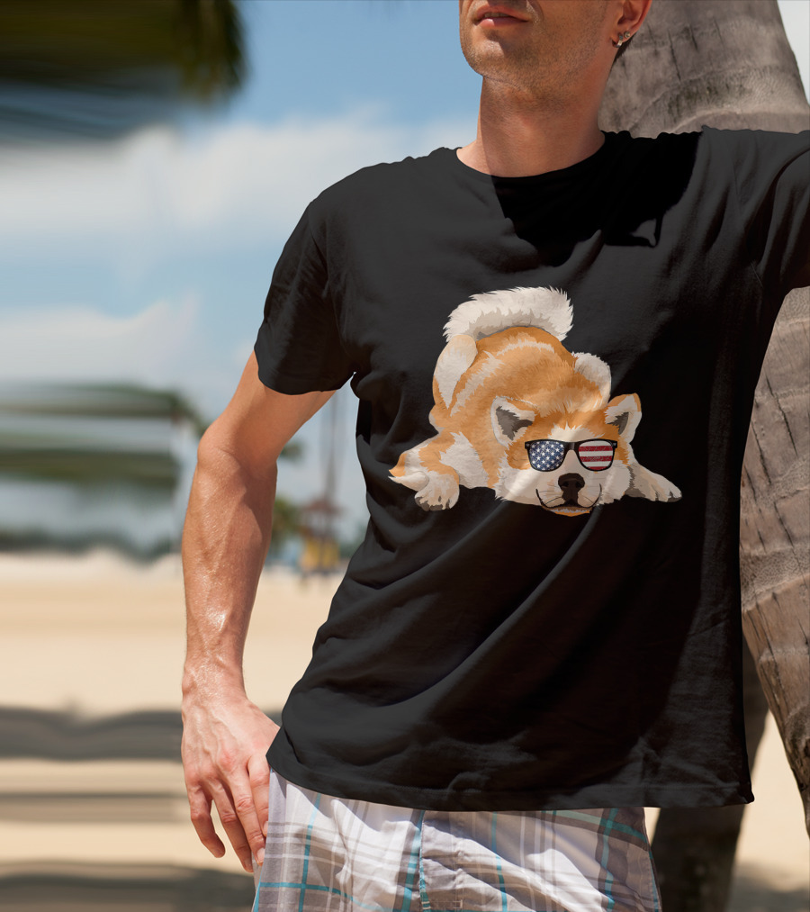 Akita Inu Wearing American Flag Sunglasses Playful Pose T-Shirt