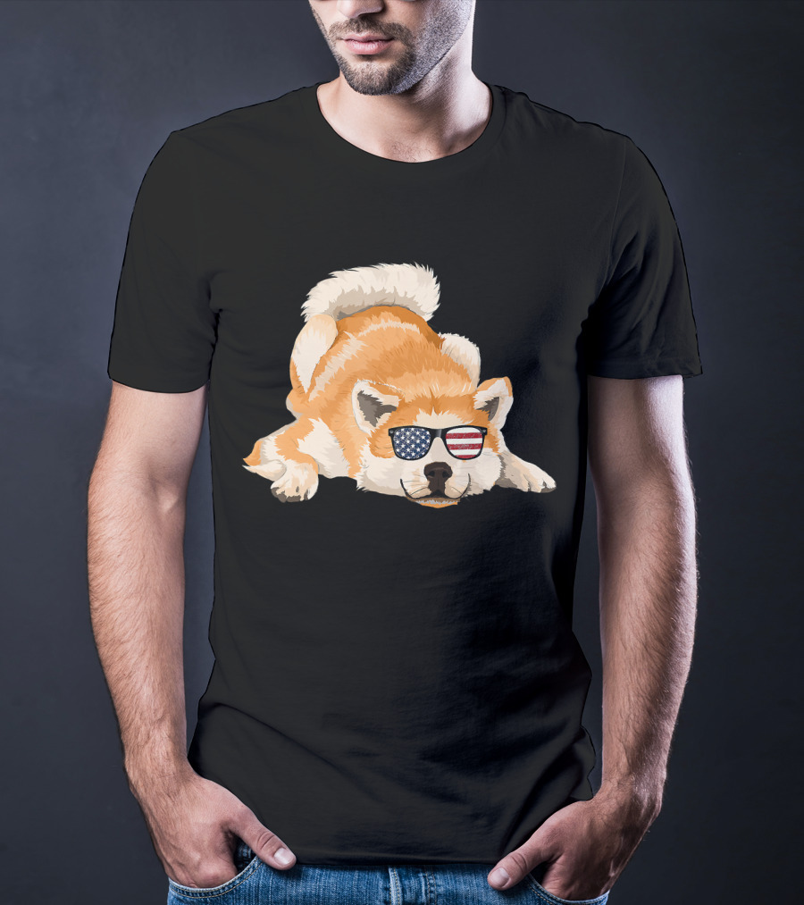 Akita Inu Wearing American Flag Sunglasses Playful Pose T-Shirt