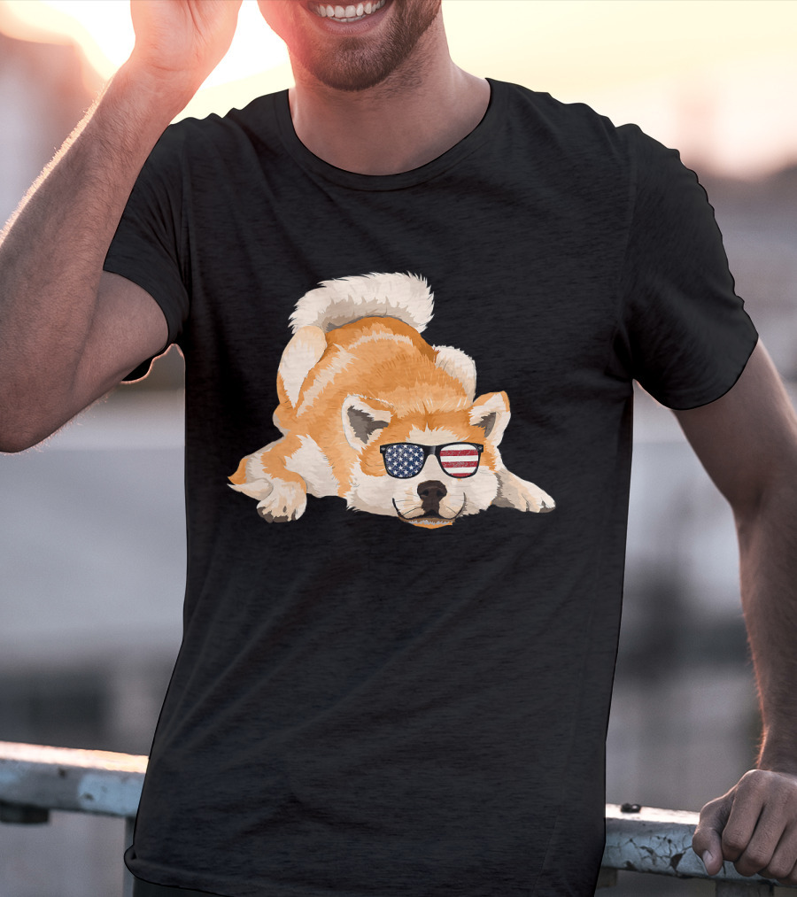 Akita Inu Wearing American Flag Sunglasses Playful Pose T-Shirt