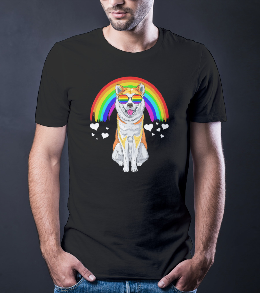 Akita Inu Rainbow Pride Sunglasses Hearts T-Shirt