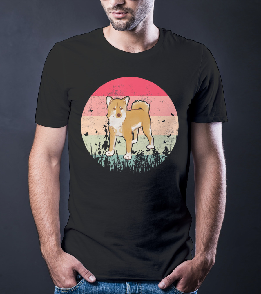 Akita Inu Vintage Retro Akit Circle Silhouette With Stripes And Butterflies T-Shirt